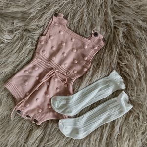 Crochet Romper with sock tights BLUSH 6-12 month